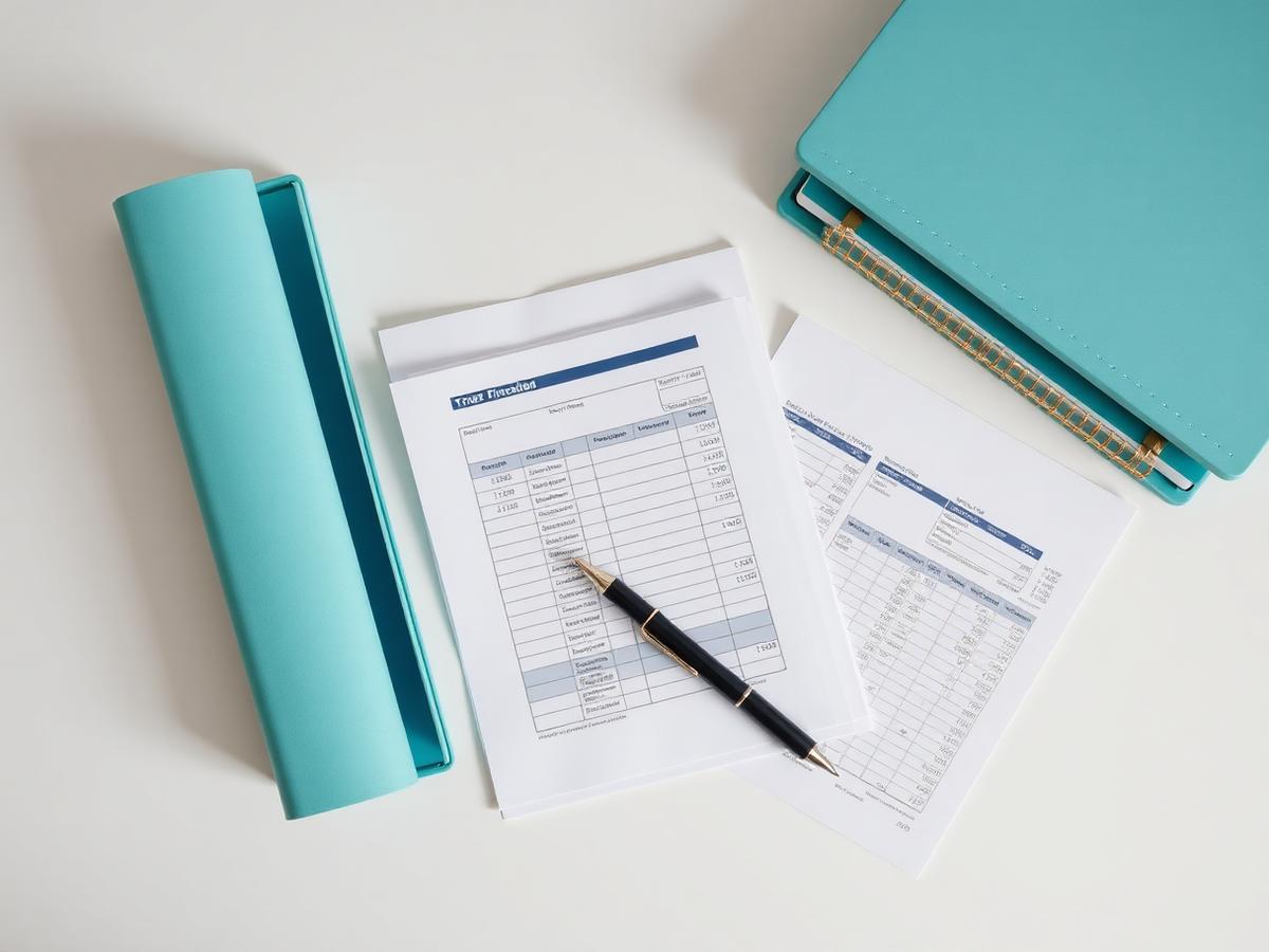 Organized tax paperwork, folders, and a pen arranged neatly on a desk